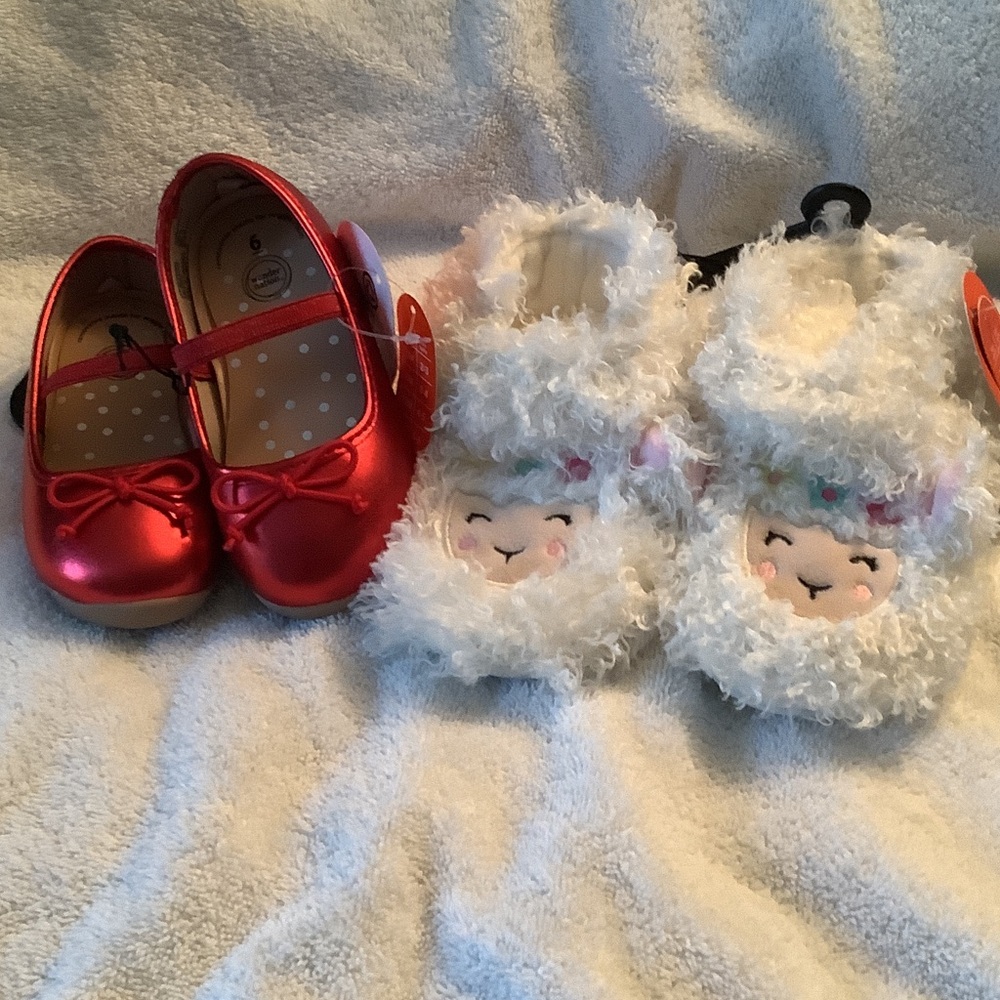 Kids Red Mary Jane Shoes and White Lamb Slippers Set